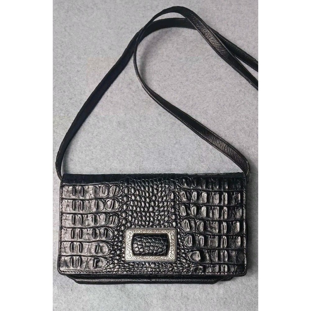 Brighton Black Croc Embossed Leather Crossbody Organizer Purse Silver Hardware - Picture 3 of 14